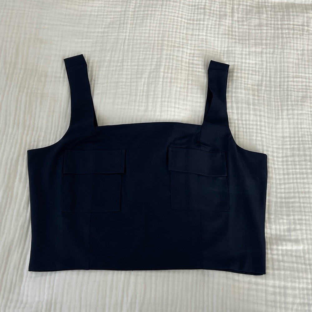 NWT Achro Sleeveless Cropped Tank Top Casual Basic Standard Navy Pockets Medium